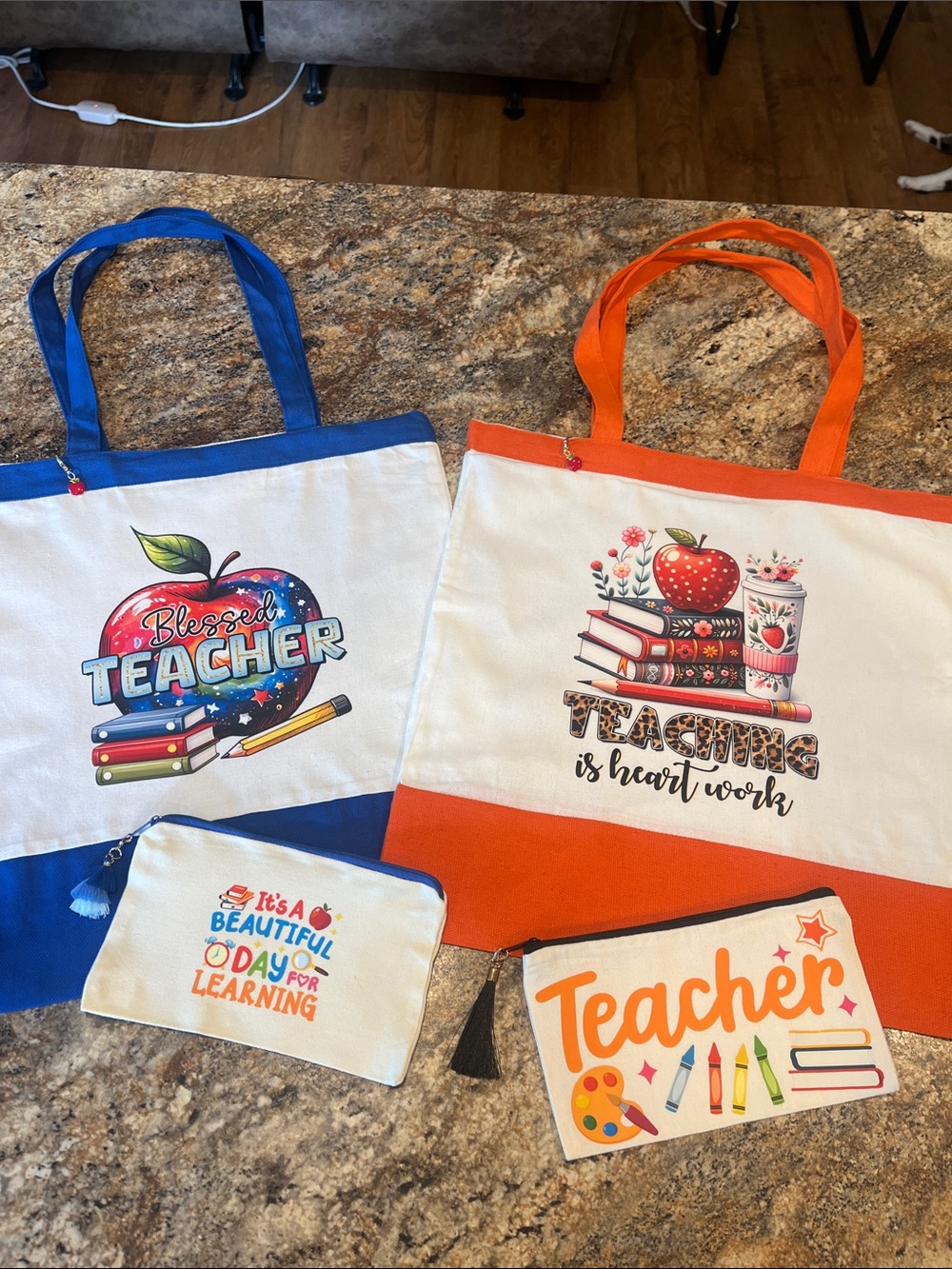 Blue and Orange Teacher Tote Bags and Pouches - Cute School Accessories